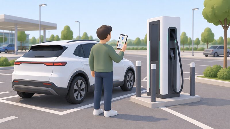 A simplified driver figure stands beside a public rapid chargepoint holding up a phone whose screen shows a plain map with simple location markers, representing a roaming app used to find and pay for another operator's public charger.