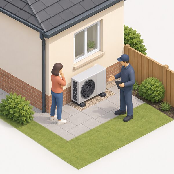 An external air source heat pump unit standing on the ground beside the rear or side wall of a house, with a householder and an installer figure standing near it discussing its position, showing the siting decision that planning permission can affect.