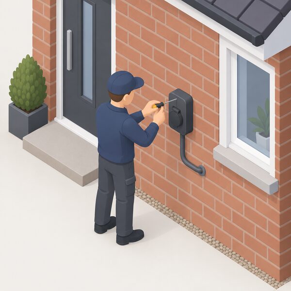 An isometric installer in plain work clothing fits a small wall-mounted EV chargepoint socket to the outside brick wall of a home, using a hand tool, with a cable run from the unit into the wall and no car or other equipment shown.