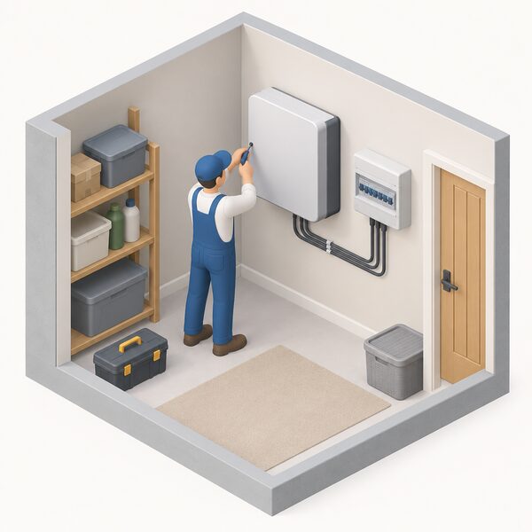 A wall-mounted home battery unit installed indoors in a utility space, with a small isometric figure of an installer securing it, connected by cabling to the household consumer unit, showing how stored power lets the household shift electricity use into cheaper periods.