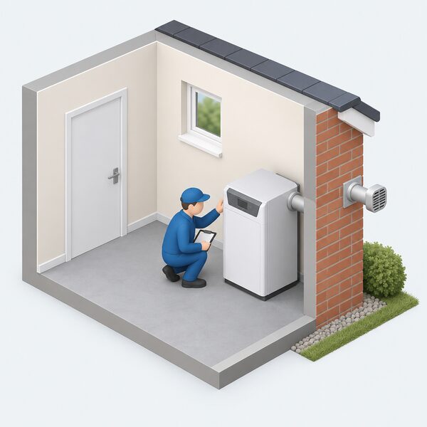 A cutaway interior view of a domestic room showing an oil boiler standing against the outside wall, with its flue pipe passing horizontally through the wall to a terminal outside, and a simplified installer figure checking the connection.