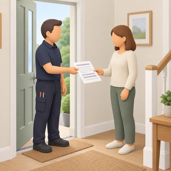 An OFTEC registered technician, in plain work clothes, standing at a domestic hallway or kitchen doorway, hands a paper CD/10 installation completion report form to the householder, who receives it to keep for their records after the oil heating installation work is finished.