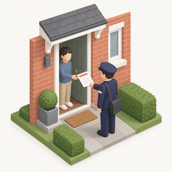 A postman or official handing a plain paper enforcement notice through the front door of a small UK house to the building owner, the notice shown as a physical sheet with blank lines and a plain colour header band, no readable words or numbers.