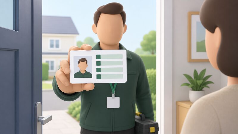 A technician's identity card held up in the hand, drawn as a physical card with a plain photograph block and separate blank category bands listing qualified work scopes, against a simple domestic backdrop suggesting a home heating visit.