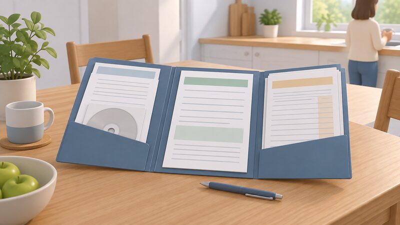 A householder's open folder lying on a kitchen table, holding a commissioning report sheet, a compliance certificate sheet and commissioning record sheets, each shown with blank lines and plain colour bands so no content is readable.