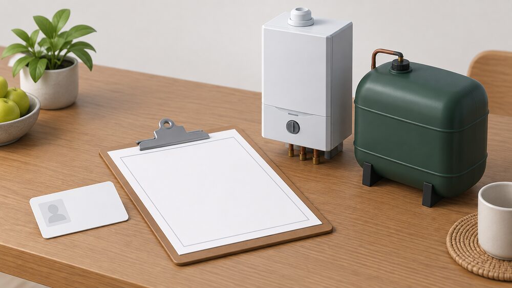 A small arrangement on a kitchen table: a blank identity card lying beside a clipboard holding blank completion paperwork, with a small model of a wall-hung oil boiler and a compact oil storage tank standing next to it as the work the certificate covers.
