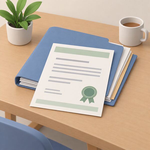 A paper certificate lying on a table among a folder of house papers, drawn as a physical document with blank lines and plain colour bands so nothing on it can be read, showing the paperwork that carries the six-year workmanship warranty kept with the household documents rather than a boiler manual.