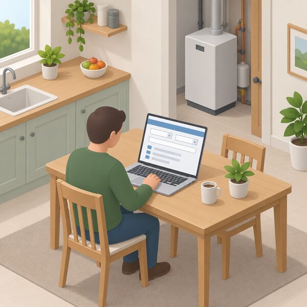 A householder at a kitchen table at home using a laptop showing a search page with plain dropdown blocks for work type and premises type, a blank name field and a results list of plain entries, with an oil boiler visible in the background.