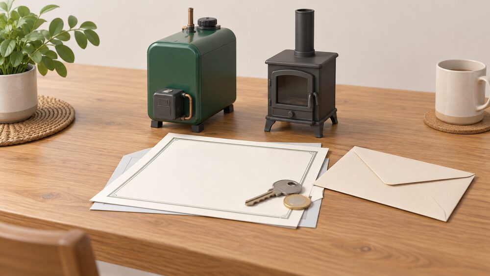 A small arrangement on a kitchen table of a blank certificate and a sealed envelope beside a miniature model of an oil-fired boiler and a solid fuel stove, with a house key and a coin resting on the papers.