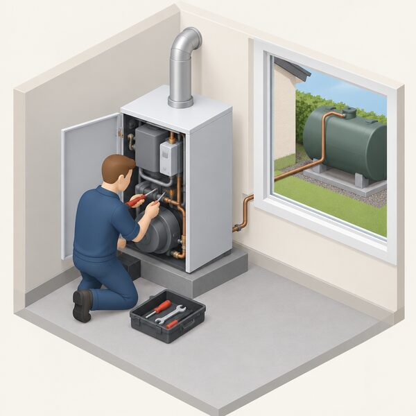 A technician in plain work clothing, employed by a registered heating business, kneels beside an indoor oil-fired boiler, tools in hand, servicing the appliance with its casing open, while an oil storage tank and supply pipe are visible outside through a nearby window.