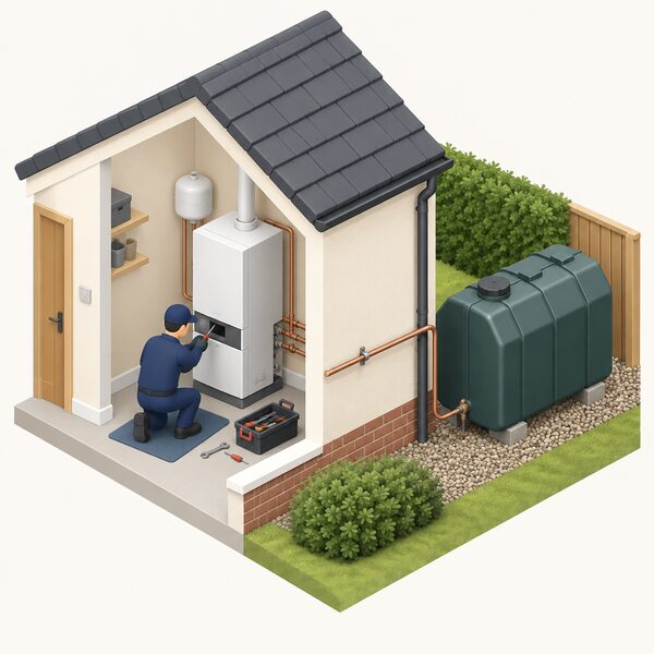 An OFTEC registered technician at the side of a house servicing an indoor oil boiler, with the outdoor oil storage tank and its connecting pipework nearby, tools out during an annual service visit.