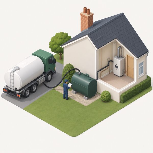 An isometric view of an oil-heated home with an outside oil tank connected to the boiler, a delivery hose from a tanker filling the tank, and a technician inspecting the tank, showing the household's dependence on delivered fuel and annual tank inspection.
