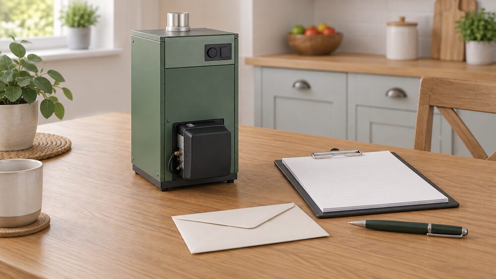 A small model of a floor-standing domestic oil boiler sits on a kitchen table beside a clipboard holding blank official forms, a sealed envelope and a pen, representing the paperwork that follows an oil boiler installation.