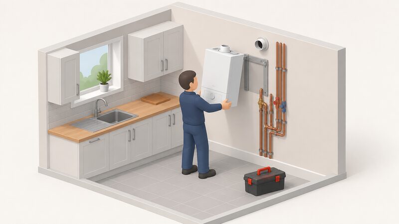 An engineer in plain work clothing detaches an old wall-mounted combi boiler from a kitchen wall, holding it clear of its bracket while copper gas and water pipes and the flue opening are exposed behind it, with a toolbox on the floor nearby.
