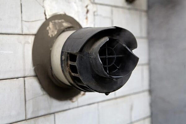 A close-up of a black boiler flue vent pipe emitting steam through a tiled exterior wall