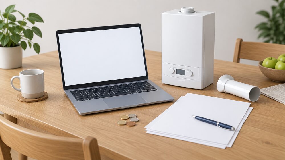 A kitchen table with an open laptop showing a blank questionnaire screen, a small white wall-hung combi boiler model beside it, a flue pipe stub, blank quote paperwork, a pen and a few coins, all arranged as the moment of pricing a boiler installation online before any survey visit.