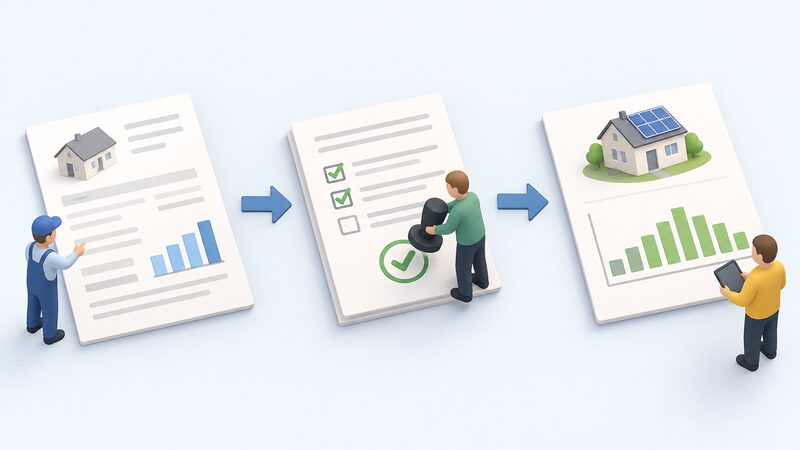 A flow diagram drawn as three linked physical documents on a desk: an installer's quote sheet with a performance estimate, an independent validation check stamping the paperwork, and a monitoring report from the commissioned installation, connected by plain arrows showing the sequence from quote to validated estimate to monitoring data.