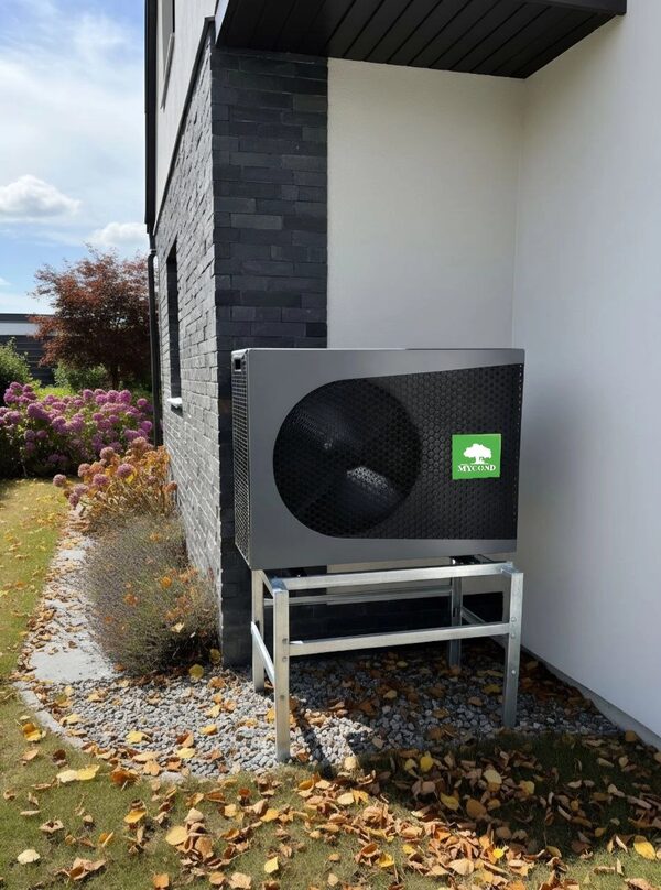 A Mycond air source heat pump unit installed on a metal stand outside a house wall