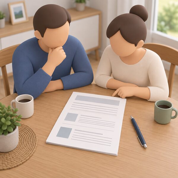 A printed performance estimate document lying on a domestic table, its pages showing blank ruled lines and plain blocks where the assumptions, system size and methodology would be stated, with a pen resting beside it as a household reviews the paperwork before signing a contract.