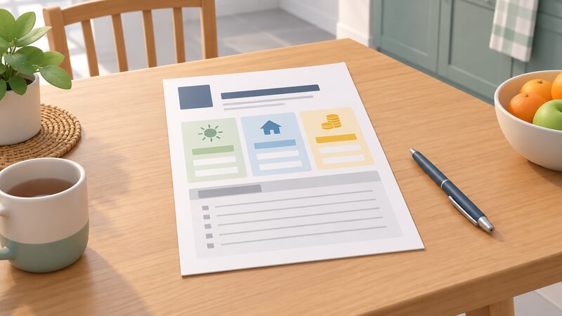 A printed performance estimate document lying on a kitchen table beside a pen, its page showing plain blocks and blank lines where generation, self-consumption and savings figures would appear, with a separate assumptions section of blank lines beneath them.