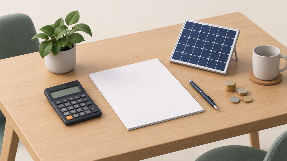 A kitchen table with a blank solar quote document lying flat, a small model solar panel resting beside it, a calculator, a pen and a few coins, suggesting a household weighing a savings estimate before signing.