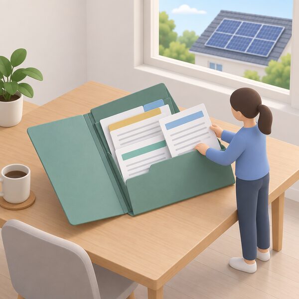 A home filing folder lying open on a table, holding several warranty papers shown as blank-lined sheets and plain colour bands, with a small isometric figure placing one document inside, a house roof with solar panels visible through a window behind.