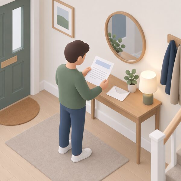 A simplified isometric figure standing at a home hallway table holding an opened envelope, with a folded letter laid flat showing only blank lines and a plain colour band, an envelope discarded beside it.