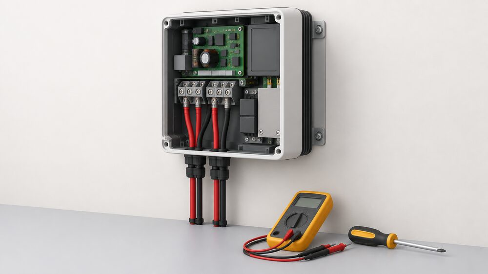 A close-up of a wall-mounted solar inverter indoors with its front cover removed, showing the DC string wiring connections being inspected, with a multimeter and screwdriver resting nearby and nothing else in the scene.