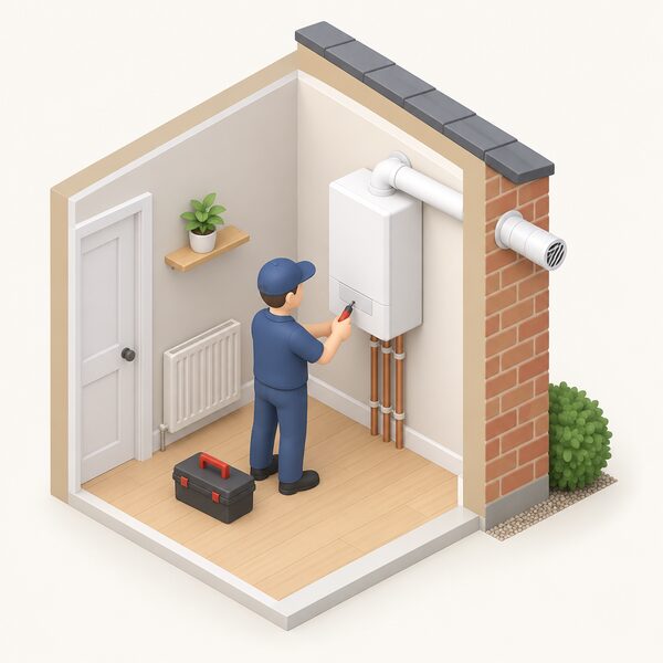 A small simplified isometric figure of a heating engineer servicing a wall-mounted domestic gas boiler inside a home, with the boiler's horizontal flue pipe passing through the external wall to a terminal outside, showing the kind of excluded product RECC could not handle.