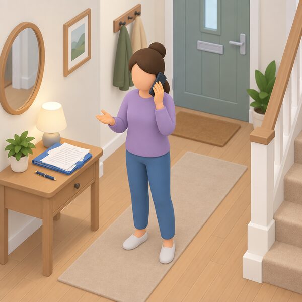 A householder standing in their home hallway holding a mobile phone to their ear, mid-conversation, with a small side table nearby holding a paper folder of complaint correspondence and a pen, showing them staying reachable and engaged with the complaints scheme during an investigation.