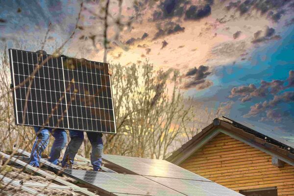 Two installers on a residential rooftop carrying a large solar panel into place, with panels already mounted on the tiled roof