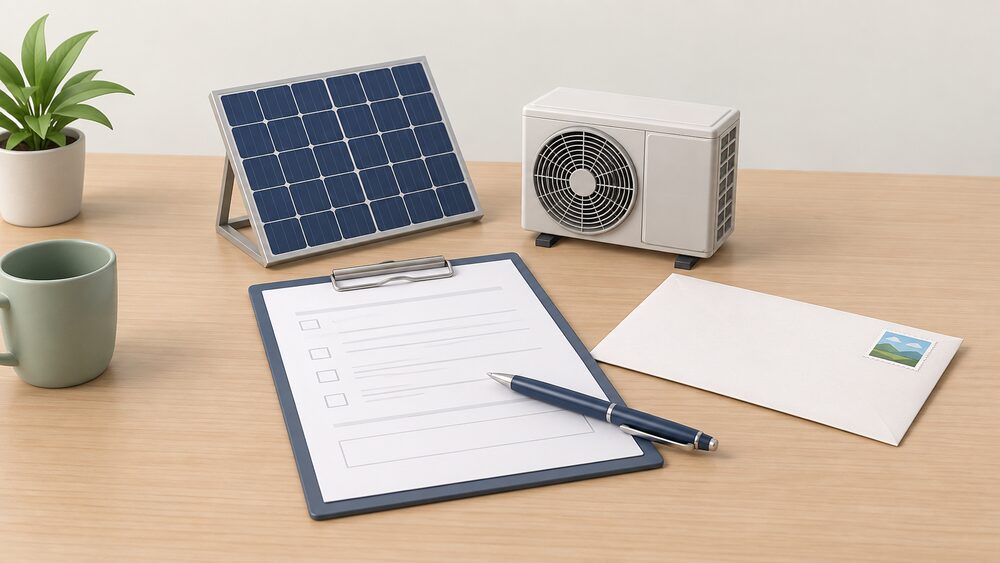 A small model of a rooftop solar panel and a compact heat pump stand beside a blank complaints registration form on a table, with a stamped envelope ready to post and a pen resting on the paperwork.