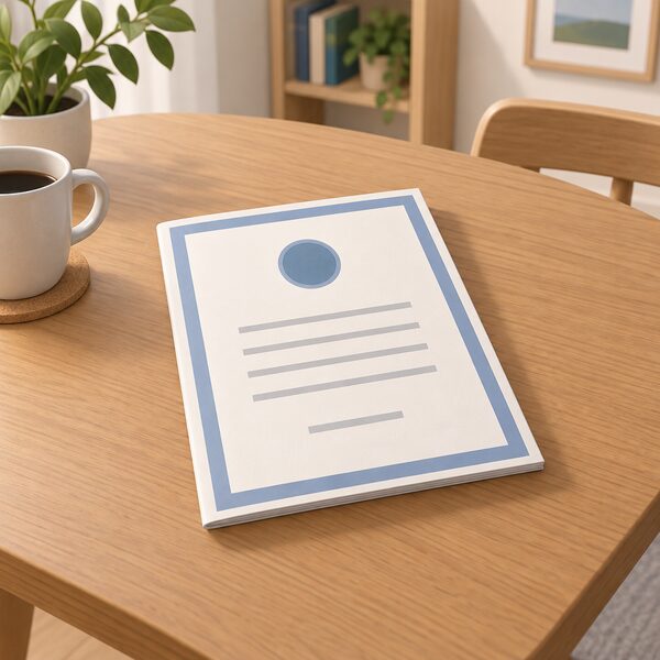 A single plain certificate or booklet lying on a wooden table in a home setting, shown as a physical document with a plain colour border and blank lines, with no readable words or numbers anywhere on it.