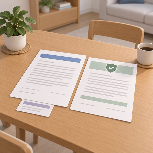 A contract document and an insurance backed workmanship guarantee certificate lying side by side on a household table, drawn as physical papers with blank lines and plain colour bands, with a registration reference slip tucked beneath them.