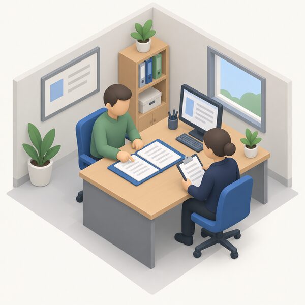 A simplified isometric figure of an auditor standing at a desk in a small installer's office, holding a clipboard and reviewing a folder of documents laid out beside a computer screen, while a member's staff figure sits opposite pointing to the papers.