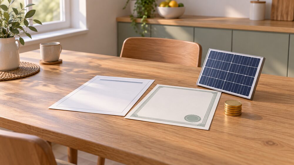 A kitchen table with a blank quotation document and a blank guarantee certificate lying flat, a small stack of coins beside them representing a deposit, and a small model solar panel resting against the paperwork, all under soft daylight from a nearby window.
