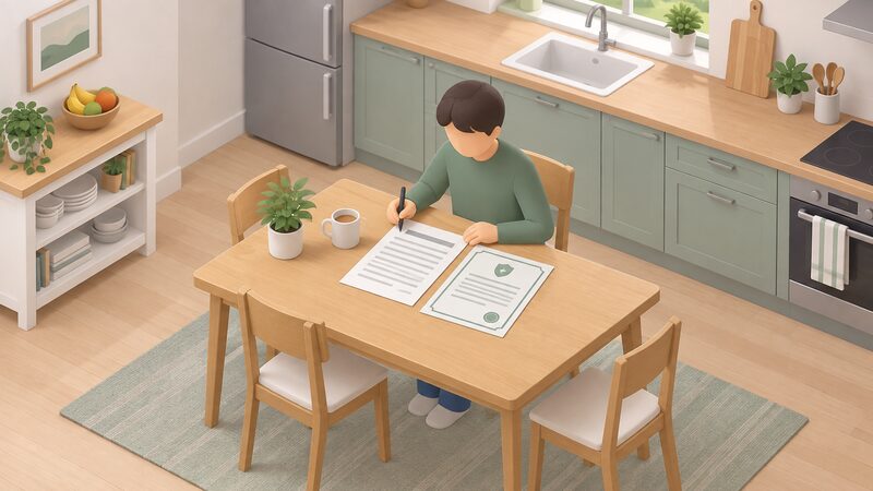 A householder sits at a kitchen table at home, spreading out an installer's contract and a guarantee certificate beside it, checking the paperwork over carefully before signing, with a pen in hand and the documents plainly the focus of the scene.
