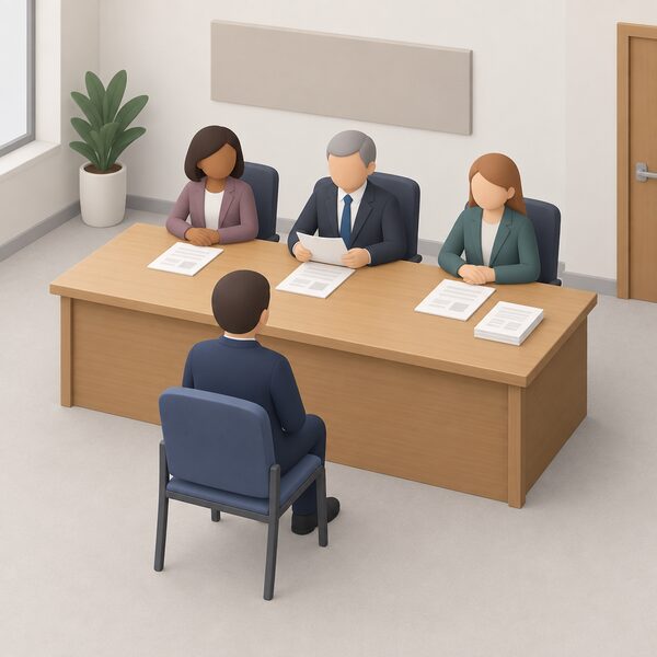 A formal hearing room where three simplified panel members sit behind a long table facing a lone code member seated opposite, with papers on the table, depicting a Non-Compliance Panel hearing a disciplinary complaint.