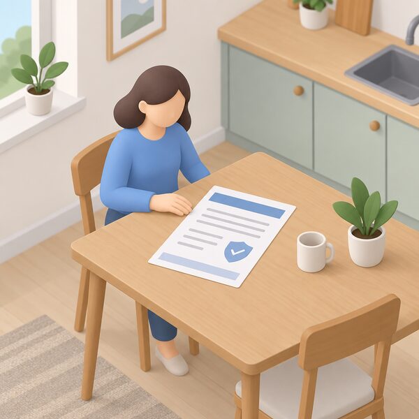 A household's kitchen table with an insurance backed guarantee document lying flat as a physical sheet, plain colour bands and blank lines standing in for its content, beside a small simplified figure of a homeowner resting a hand on it.