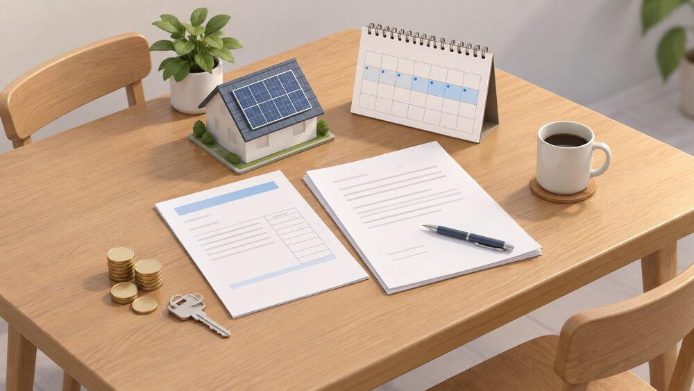 A kitchen table with blank contract paperwork and a written quote beside a small model of a rooftop solar panel, a wall calendar showing a two-week span, a few coins and a house key, suggesting the moment before signing a renewable installation contract.