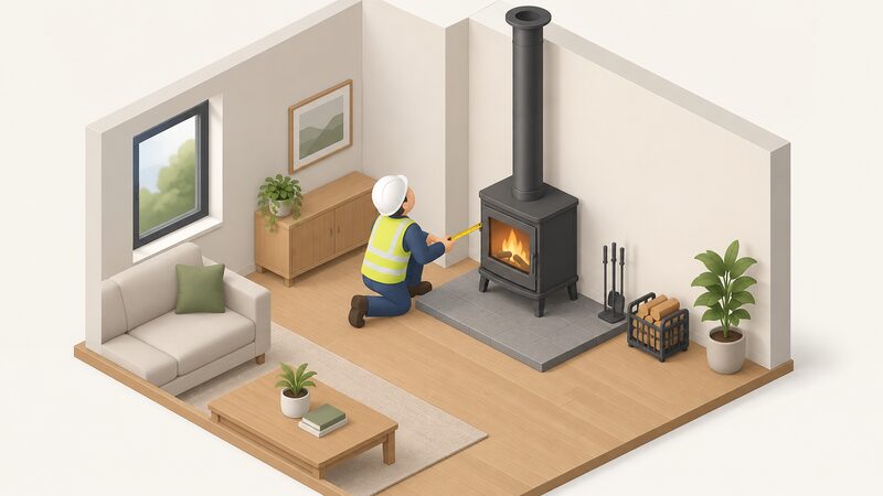 A building control inspector, shown as a simplified isometric figure, kneels beside a wood-burning stove on a hearth in a home, holding a tape or rule to measure the clearance from the stove to surrounding surfaces while looking up at the flue pipe rising from the stove to the ceiling.