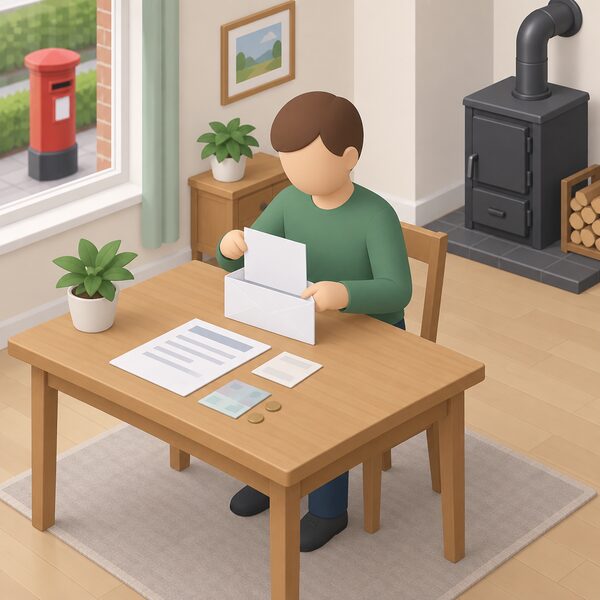 A householder at a table at home posting a notice of intended boiler work to the local authority building control, with a stamped envelope addressed to the council, a blank notice form and payment enclosed, and a solid fuel boiler visible in the background.