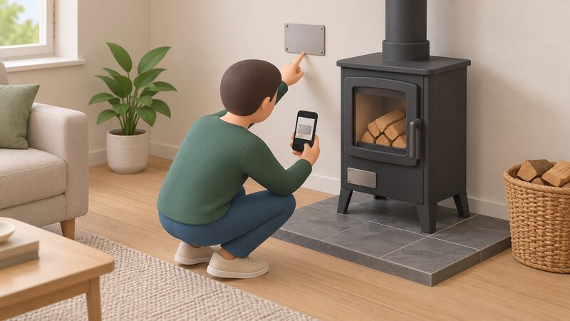 A householder crouching beside a wood-burning stove photographs the appliance with a phone, one hand holding the phone toward a small metal data plate fixed on the stove body and the other pointing to a notice plate mounted on the wall nearby.