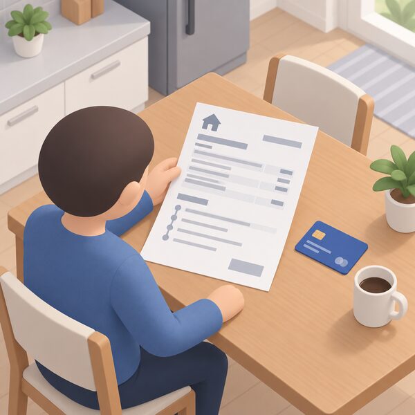 A printed written quotation sheet lying on a kitchen table in a home, held at one corner by a simplified isometric figure, with blank lines and plain blocks standing in for the work items, prices and staged payment schedule, and a credit card resting beside it.