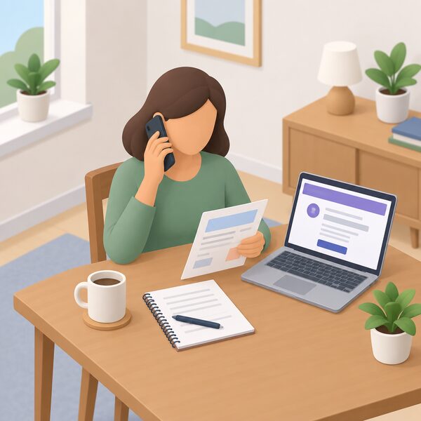A householder at a home table telephoning the Energy Ombudsman, holding a phone to their ear while referring to an energy bill and some handwritten notes laid out in front of them, with a laptop or tablet nearby showing the ombudsman's official website contact page as plain blank lines and colour blocks.