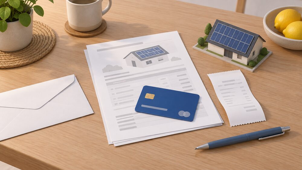 A credit card lying on a kitchen table beside a printed quotation, a payment receipt and a small model of a rooftop solar panel, with a pen and a blank envelope nearby, showing the moment of paying a deposit for an installation.
