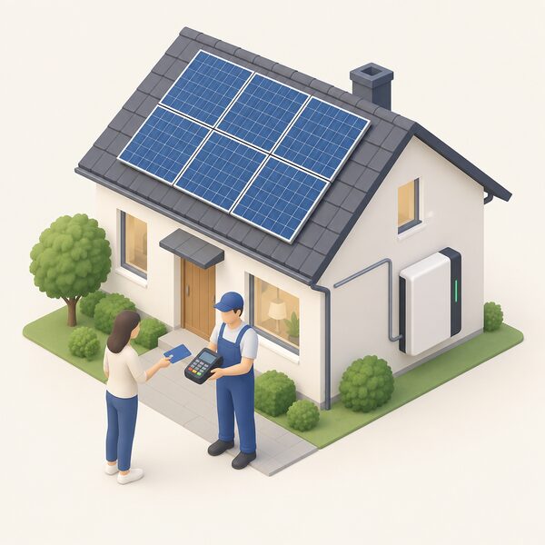A simplified isometric scene of a domestic solar installation with rooftop panels and a battery unit, with a hand holding a plain credit card beside it to show card payment for the work.