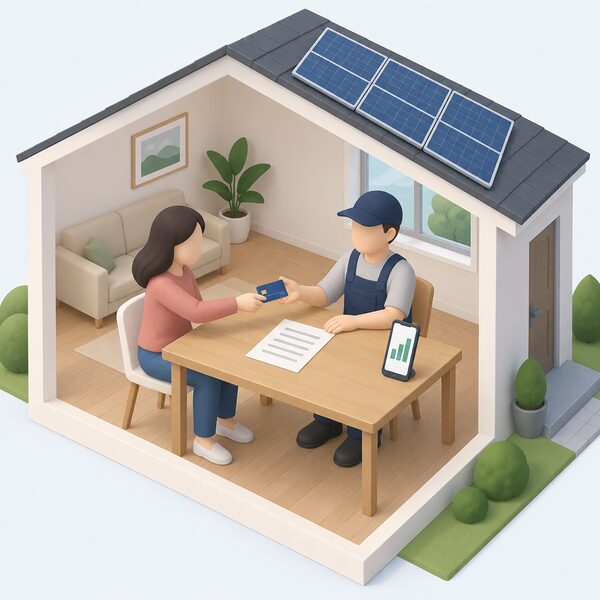 A simplified householder at a table inside their home handing a credit card to a solar installer across a quote document, with solar panels visible on the roof outside and a phone screen showing plain bars indicating the system is running, the final payment still to come.