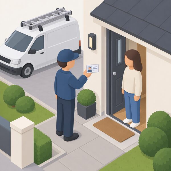 At the front door of a house, a simplified isometric installer in plain work clothes holds up a photo ID card toward a householder, with a van and ladder visible in the background before any work begins.