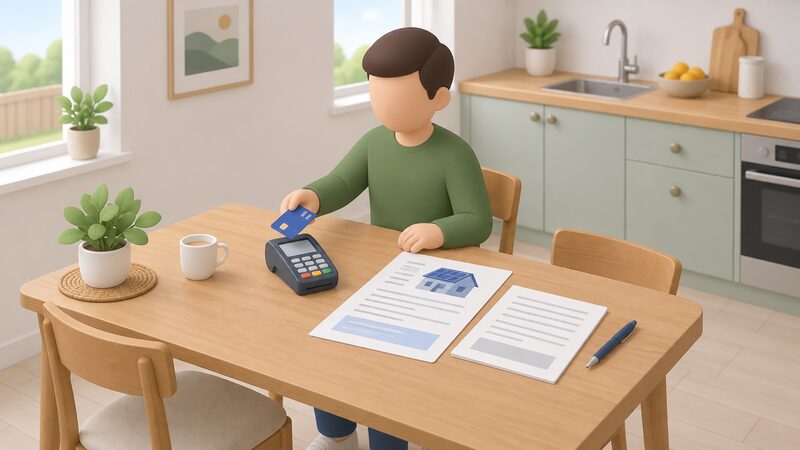 A householder seated at a kitchen table holds a bank card over a card reader while signing or completing solar installation paperwork laid out beside them, with a pen and documents showing blank lines and plain blocks only.